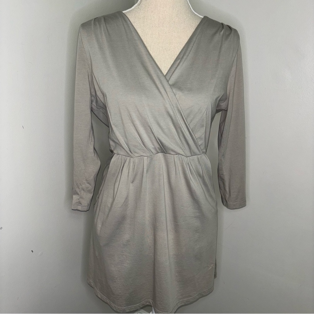 Garnet Hill faux wrap 3/4 sleeve tunic POCKETS knit taupe neutral size Medium